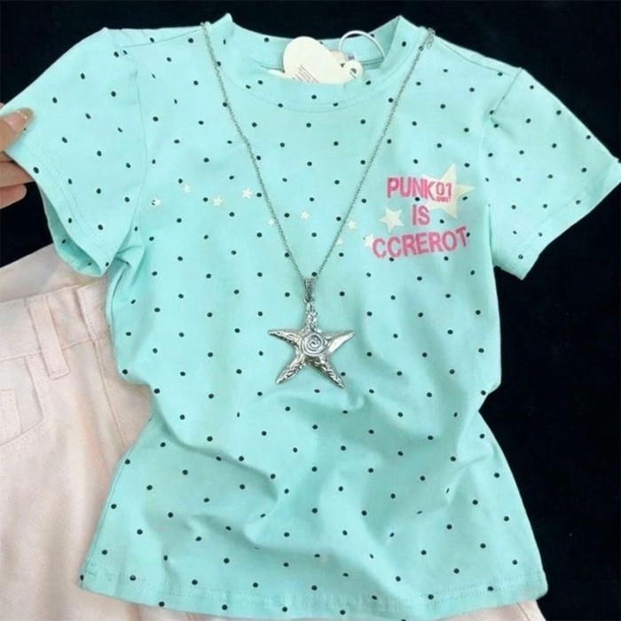 Dopamine Sweet Hot Girl Polka Dot Star Letters Short-sleeved T-shirt Women's Summer High-end Sli