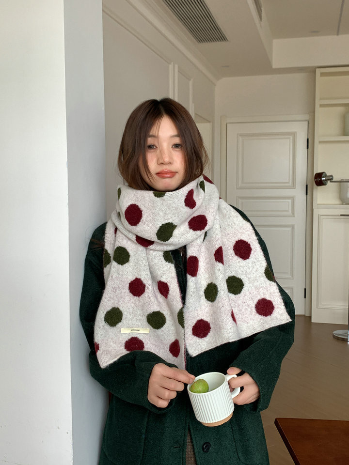 Khăn Dệt Kim Phiên Bản Hàn Quốc, Nhiều Màu Sắc Chấm Bi, Ấm Lành Cho Mùa Thu Đông