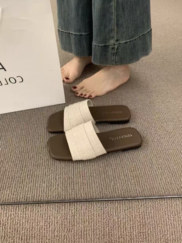 Korean Style Pleated Soft Leather Slippers For Women To Wear Summer Soft Flat Bottom Seaside Vac