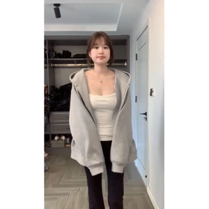 Gray Hooded Oversize Thin Sweatshirt Women's Loose American Cardigan Zipper Jacket