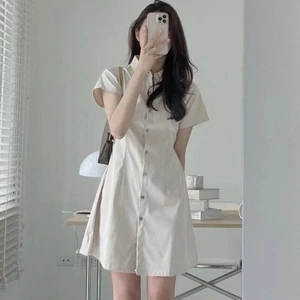 Mùa hè Hàn Quốc đơn giản khí chất ve áo ngực đơn eo thon gọn áo sơ mi ngắn tay
