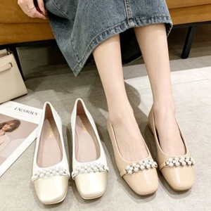 Pearl Decorated Square Toe Shallow Mouth Shoes Thick Heel Versatile Soft Sole Fashion Doudou