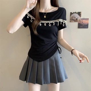Korean Version Of Fashionable Retro Heavy Industry Tassel Design Square Neck Short-sleeved T-