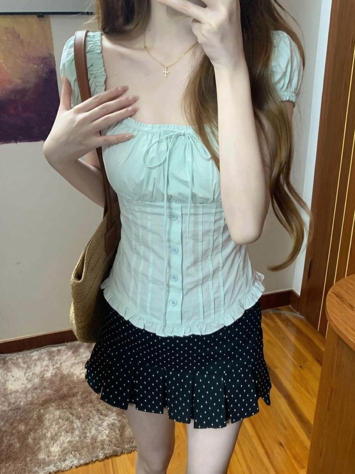 Mint Blue Puff Sleeve Square Neck Short Sleeve Shirt Womens Summer Korean Style Unique And Be