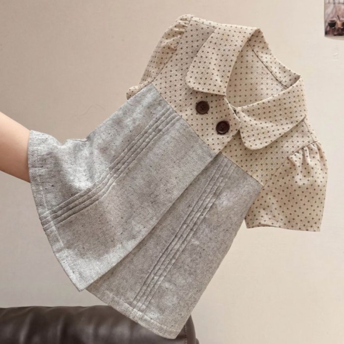 Áo sơ mi ngắn tay cổ búp bê màu tương phản chấm bi khâu cho nữ, áo ngắn siêu đẹp và dáng ôm