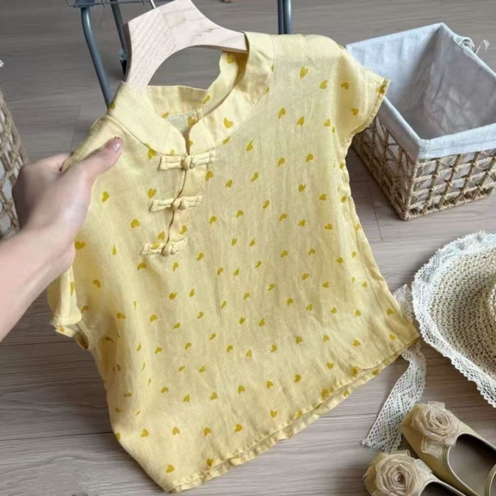 Lan ~ Bán Chạy Đẹp Nút Phong Cách Trung Hoa Trái Tim Tình Yêu Áo Vest Phong Cách Trung Hoa Mùa Hè Tay Ngắn Phong Cách Mới Văn Học Áo Sơ Mi Giảm Tuổi
