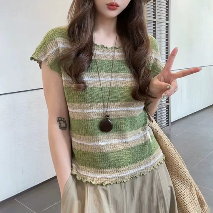 Korean Chic Striped Contrasting Waistcoat T-shirt For Women Summer New Style Slimming And Chi