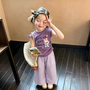 Bé Gái Tay Ngắn Mùa Hè Phong Cách Mới Trẻ Em Hoạt Hình Thời Trang Màu Tím Top Bé Gái Rớt Vai Tay