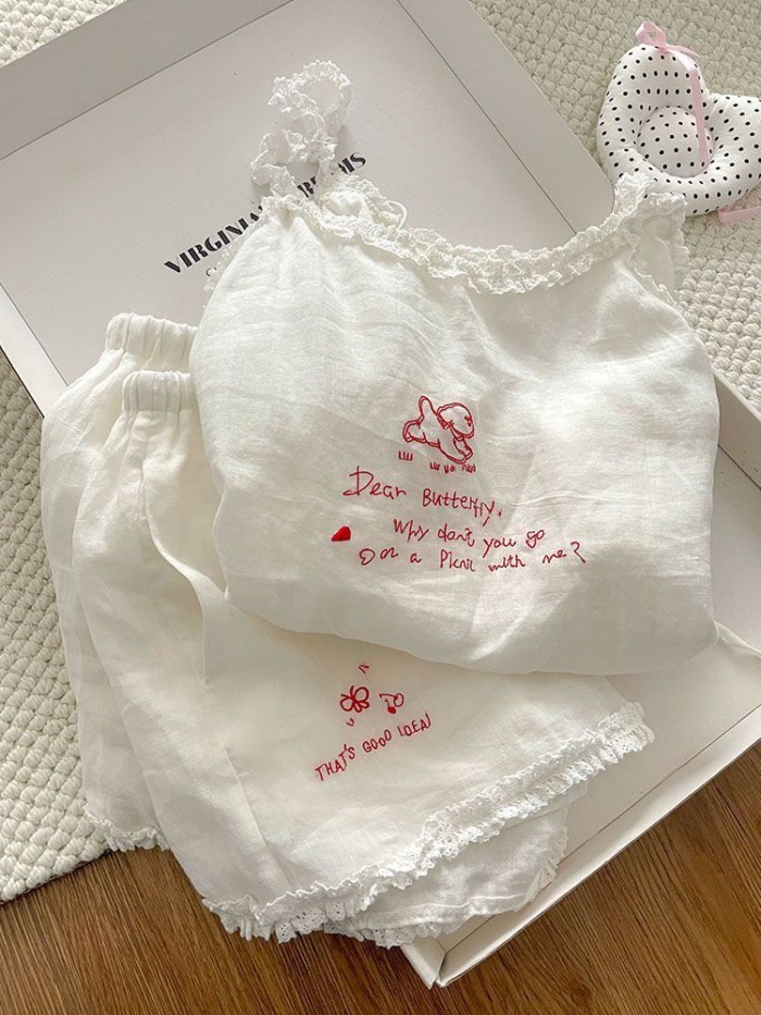 White Lace Trim With Breast Pads And Straps Pajamas For Women, Sweet And Simple, Thin, Girly