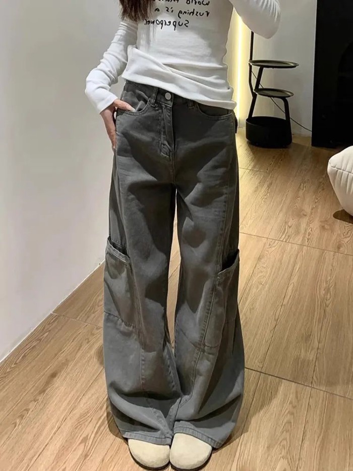Gray Denim Overalls For Women American Retro High-waisted Loose Design Straight-leg Slimming