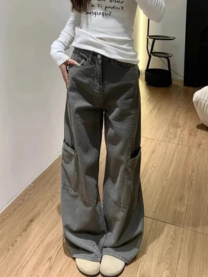Gray Denim Overalls For Women American Retro High-waisted Loose Design Straight-leg Slimming