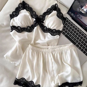 ren băng bộ đồ ngủ lụa nữ mùa xuân hè mới treo quần short cardigan mặc nhà 2 bộ đồ