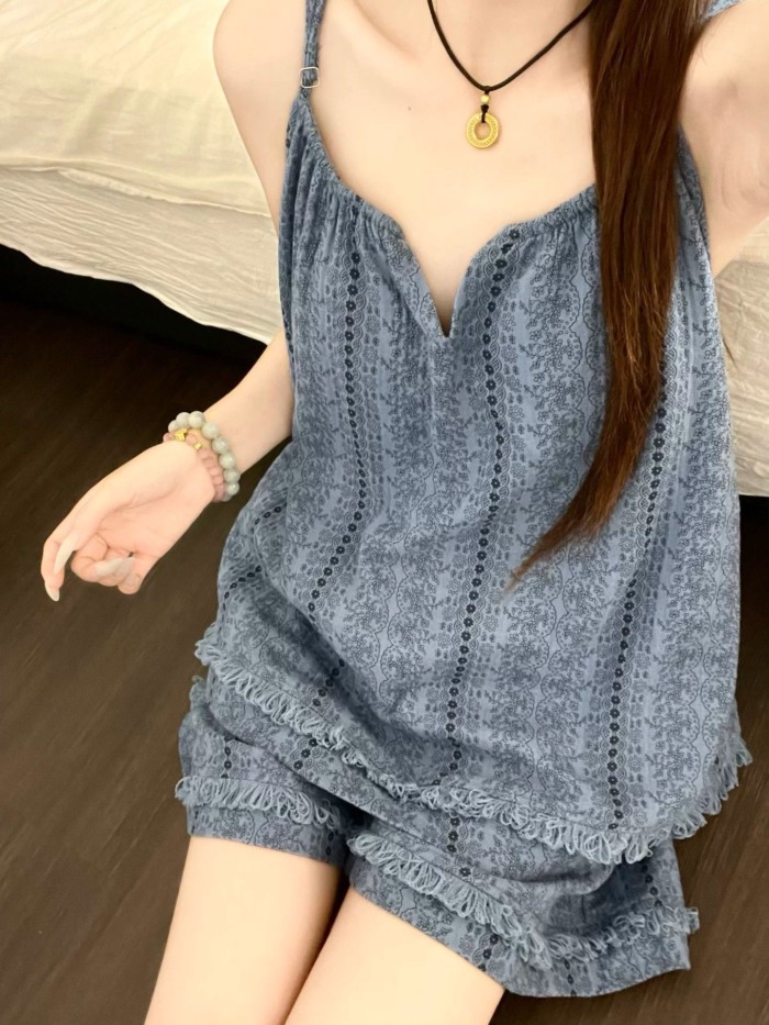 bộ đồ ngủ có dây treo họa tiết màu xanh cổ điển dành cho nữ mùa hè quần short treo mỏng thân thi