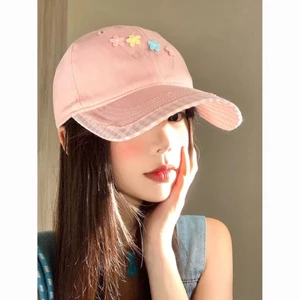 Pink Plaid Flower Baseball Cap For Women, Korean Style Sweet Peaked Cap, Wide Brim, Big Face, Sm