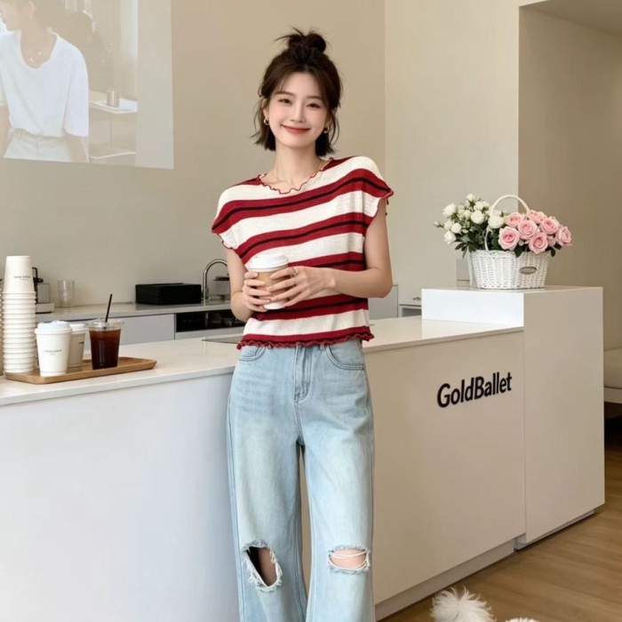 Korean Chic Striped Contrasting Waistcoat T-shirt For Women Summer New Style Slimming And Chi