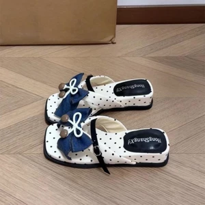 Sweet Bow Korean Style Polka-dot Flip-flops For Women's Summer Outer Wear New Thick-soled Non-sl