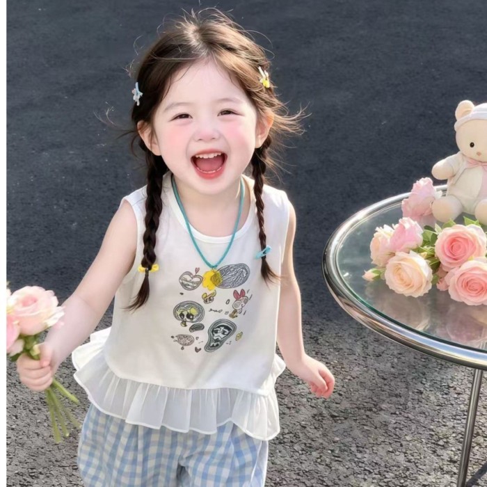áo thun ren viền hoạt hình dễ thương mùa hè phong cách mới dành cho bé gái và trẻ em trung niên