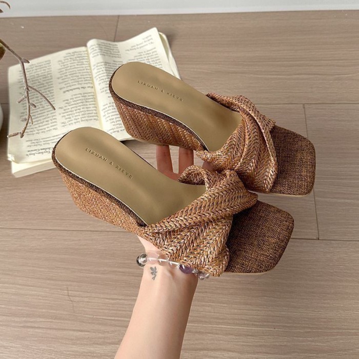 Rừng mục vụ phong cách nông miệng vuông mũi giày cho nữ mùa hè vải lanh rơm đáy phẳng thoáng
