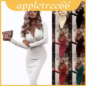 Nữ Cổ Chữ V Tay Dài Bodycon Đầm Gợi Cảm Nữ Dạ Hội Tiệc Clubwear