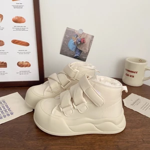 Velvet Thick-soled Breaded Cotton Shoes For Women, High-top White Shoes, Large-toe Sneakers,