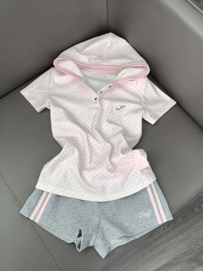 Polka Dot Hooded Short-sleeved Top Short-sleeved Women's Summer Sweet Style Age-reducing Slim Fi