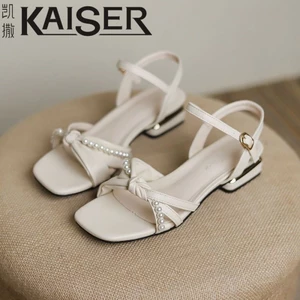 Giày sandal phong cách Pháp dành cho nữ thời trang mùa hè nơ ngọc trai với váy Giày cổ tích La Mã