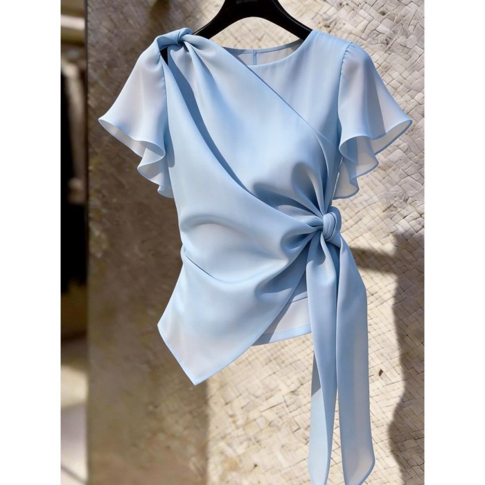 French Design Niche Blue Lotus Leaf Sleeve Top With Temperament Straps To Slim The Waist And