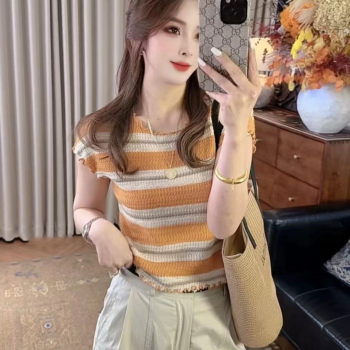 Korean Chic Striped Contrasting Waistcoat T-shirt For Women Summer New Style Slimming And Chi