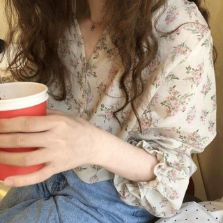 Ma Ngựa Cô Gái Áo Sơ Mi Hoa Tươi Nữ Phong Cách Mùa Xuân Đơn Giản Tay Chuông Áo Xương Đòn