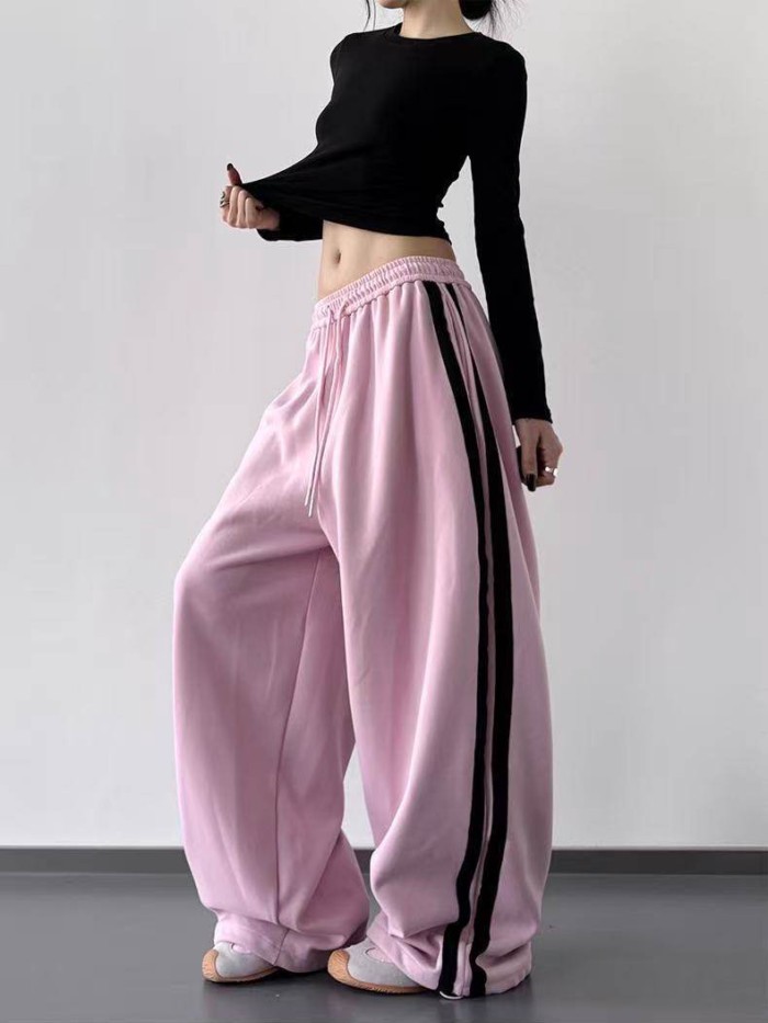 Quần âu màu hồng mùa thu Quần thể thao nữ phong cách rộng rãi Quần bó sát giảm béo Quần ống rộng