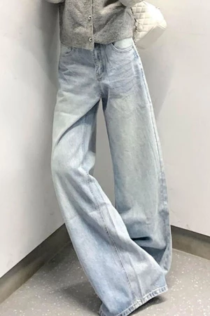 Popular Light Blue Wide Leg Pants Jeans For Women High Waist Loose Slimming Korean Style Simp