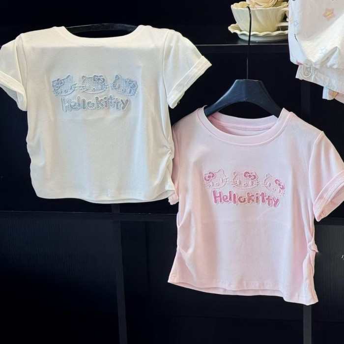 Bé Gái Thêu KT Áo Thun Nữ Tay Ngắn 26 Mùa Hè Mới Trẻ Em Hello Kitty Đính Hạt Cườm Eo Ngọt Top Dễ