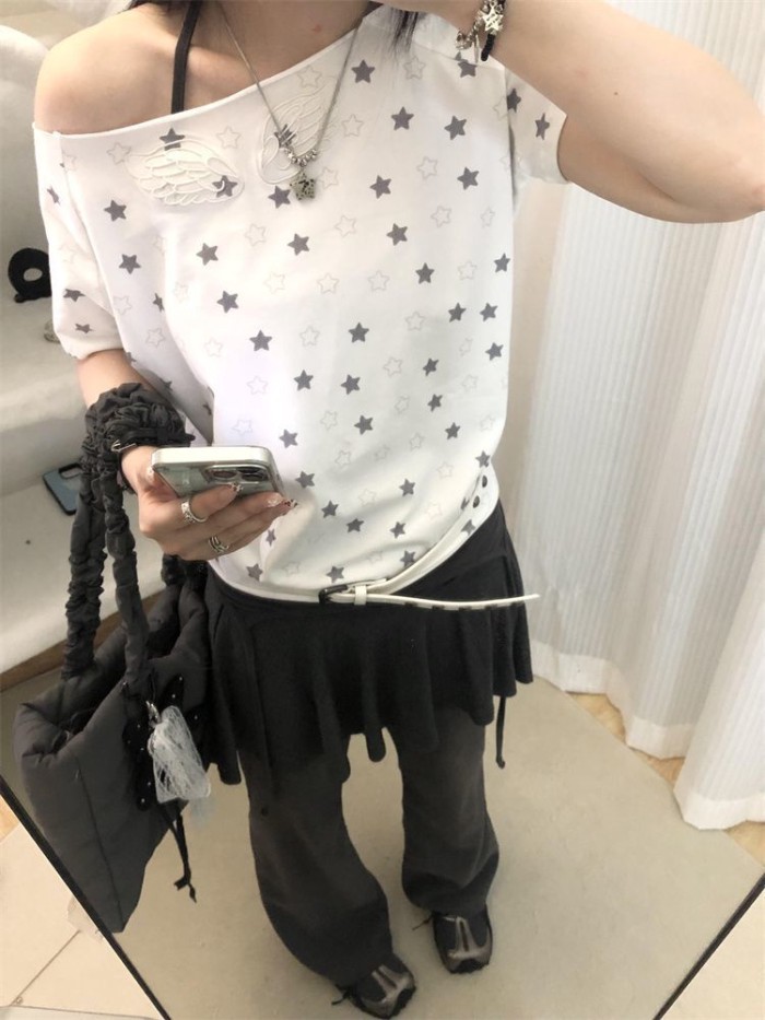Phong cách Hàn Quốc đôi cánh thêu ngôi sao in hình xiên vai ngắn tay cho nữ cotton nguyên chấ