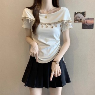 Korean Version Of Fashionable Retro Heavy Industry Tassel Design Square Neck Short-sleeved T-