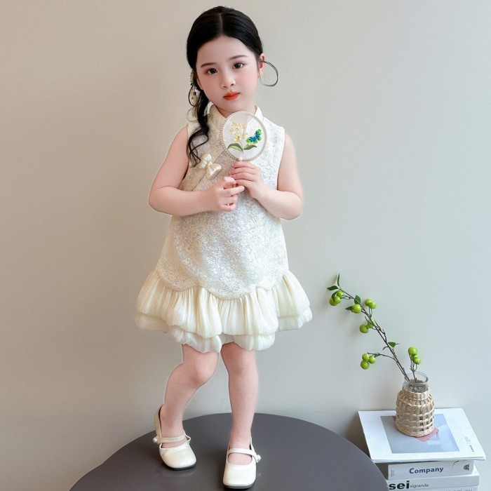 Girls' Cheongsam Skirt Summer Baby Girl Lace Sleeveless Button National Style Dress Children'