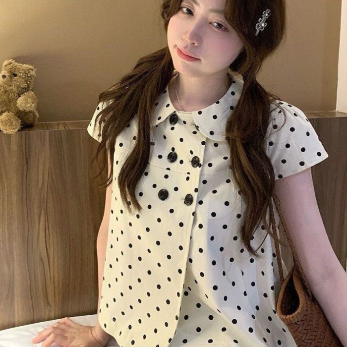 Áo búp bê ngắn tay kiểu dáng ngọt ngào phong cách Hàn Quốc chấm bi cho nữ, áo hai hàng giúp g