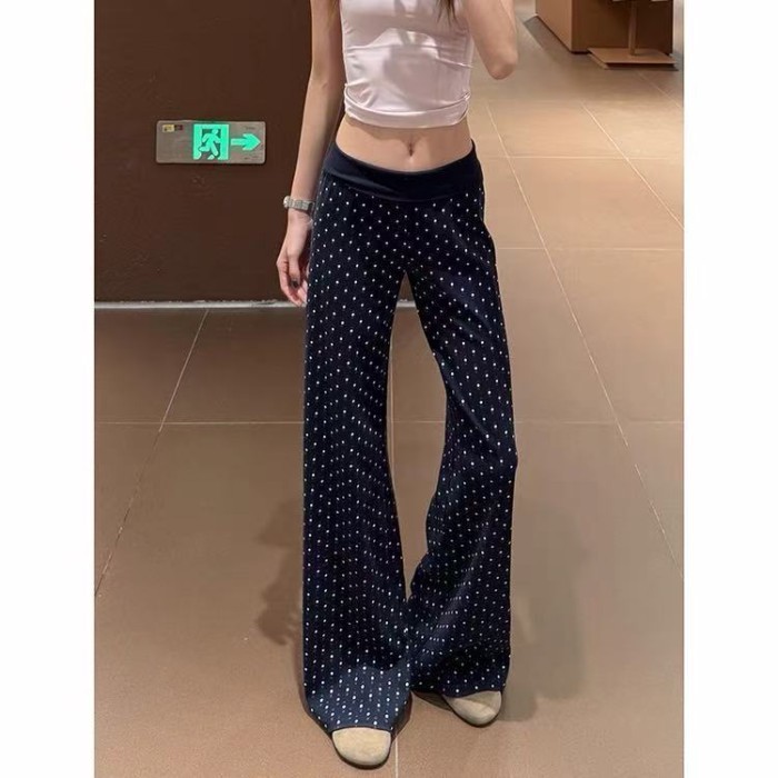 Chấm bi Hải quân Drape Quần loe Mỹ Mùa hè nữ Mới Giảm béo Đa năng Quần cạp thấp Hàn Quốc