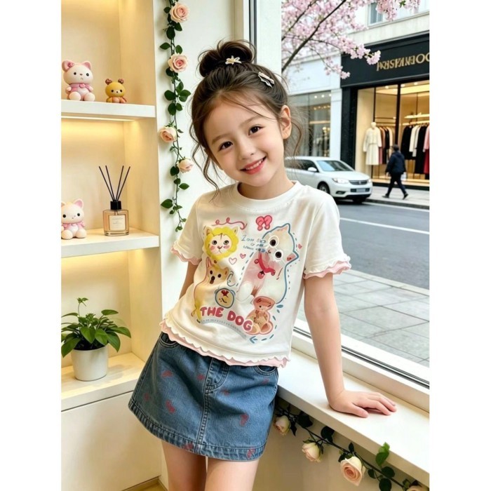 bé gái ngắn tay mùa hè trẻ em bé áo mỏng mới cho bé phong cách mùa hè nấm viền áo thun