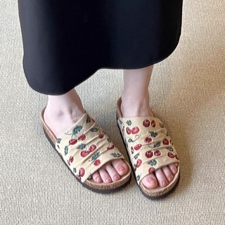 Niche Versatile Thick-soled Cherry Birkenstock Shoes For Women Frosted One-line Round Toe Sof