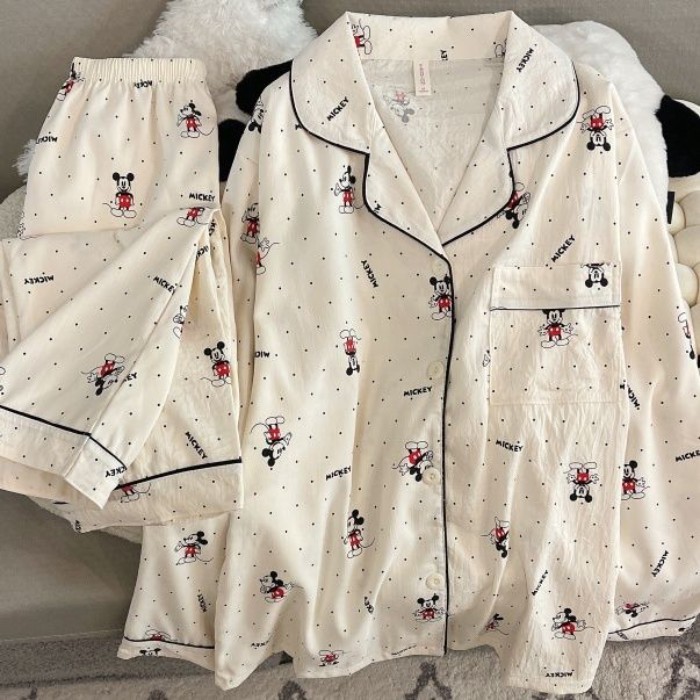 Mùa Hè Xuân Thu Hoạt Hình Đám Mây Mới Bộ Đồ Ngủ In Hình Cardigan Ngọt Dài Tay Dài Quần Rời Ph