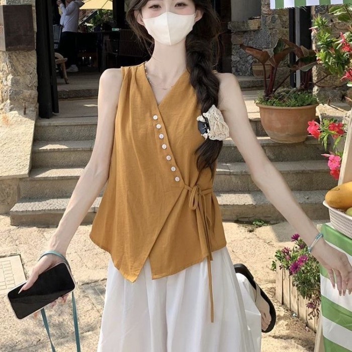 Lan ~ Áo sơ mi không tay cổ chữ v màu vàng dành cho nữ Thiết kế mùa hè Áo sơ mi ren eo hẹp Siêu đẹp Top
