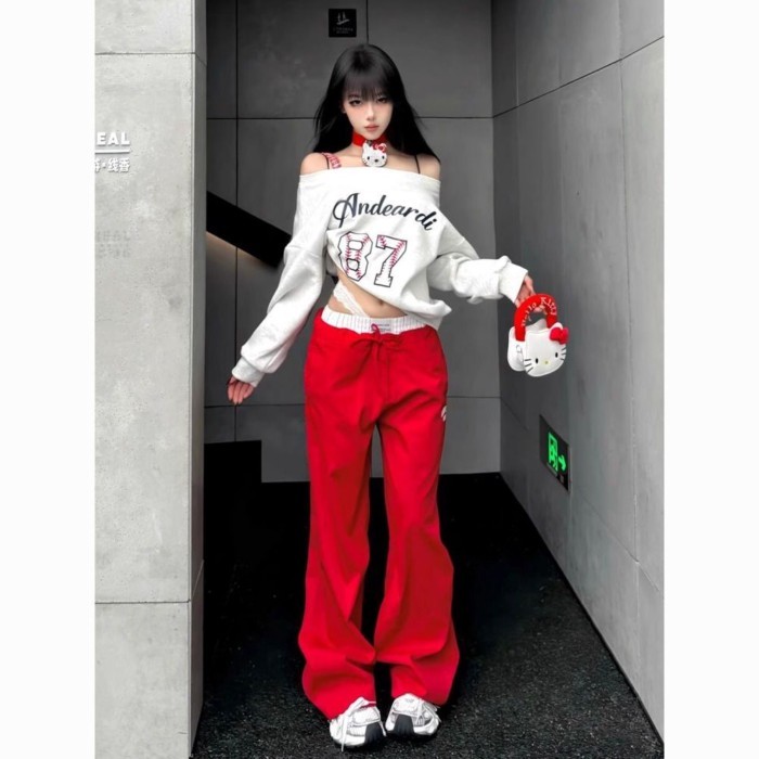 Quần thể thao thông thường dành cho nữ Mùa xuân ghép đôi eo rộng Quần ống rộng thẳng Quần dài