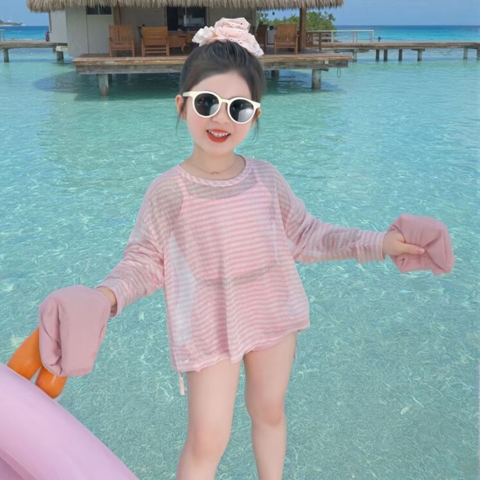 Girls Swimwear Summer New Style Children's Seaside Hot Spring Long-sleeved Blouse Three-piece Se