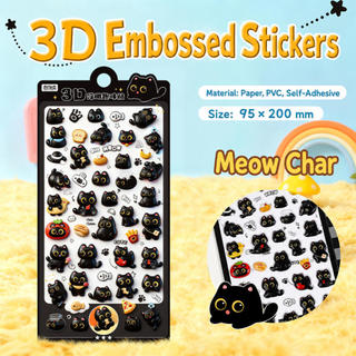 ENWEI 1 Cái [Apple Black Cat Series] Nhãn dán dập nổi 3D Than Sprite Phong cách dễ thương Tạp chí Chất liệu Người lập kế hoạch Trang trí văn phòng phẩm