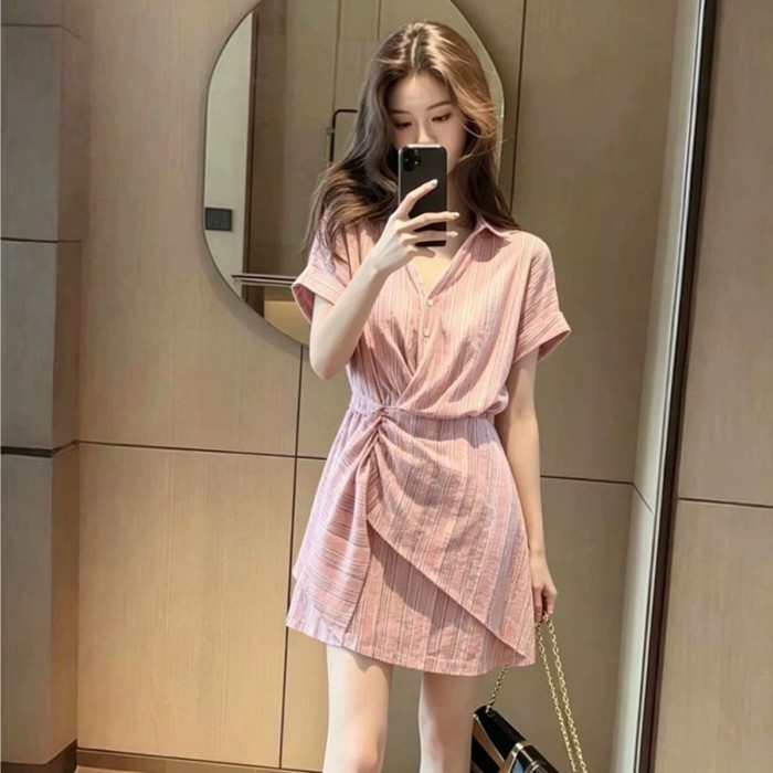 French Striped Short-sleeved Dress Women's Summer New Design Pleated Irregular Waist Slimming