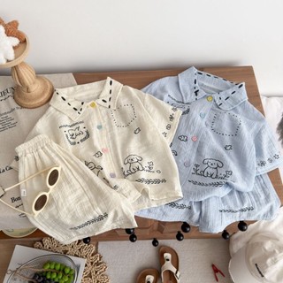 Bộ đồ vải lanh bộ đồ mùa hè áo len dáng rộng in hình cún con đa năng cho trẻ em bộ đồ ngắn tay