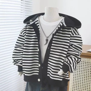 Áo khoác cardigan có mũ trùm đầu phong cách mới mùa xuân cho bé trai và bé gái, áo len sọc sành