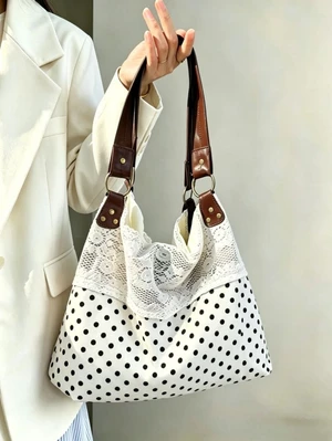Black And White Polka Dot Canvas Tote Bag For Women, Large-capacity Student Class Bag, Commuter