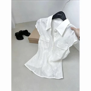 Minimalist Casual Commuter Waisted Short-sleeved Shirt Casual Solid Color Versatile Top For W