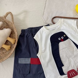 Trẻ Em Bộ Đồ Mùa Hè Nam Có Túi Quần Short Hoạt Hình Ba Chiều Áo Vest Hai Bộ Nữ Mỏng phong Cách